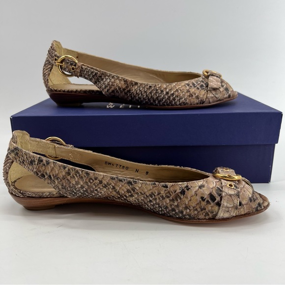 Stuart Weitzman Flats Shoes Neutral Beige Peep Toe Sz 8 N Slip On Cut Out Buckle - Picture 5 of 10